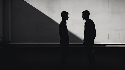 Fototapeta na wymiar Two men converse as shadows on the wall