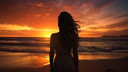Deurstickers Strand zonsondergang Woman s silhouette watching beach sunset