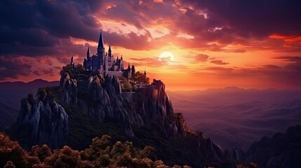 Sunset sky background with castle on cliff in a fantasy landscape