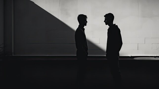 Two men converse as shadows on the wall