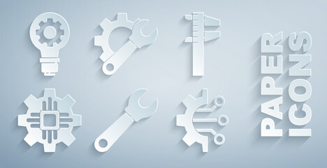 Set Wrench spanner, Calliper or caliper and scale, Processor, Algorithm, gear and Light bulb icon. Vector