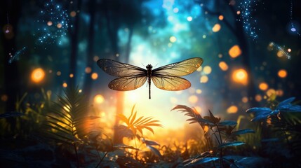 Fototapeta na wymiar Abstract and magical depiction of dragonfly and Firefly in a nighttime forest Fairy tale idea
