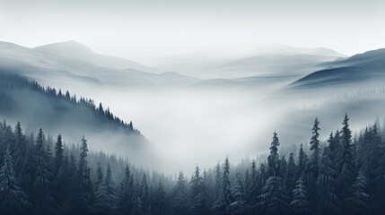 Concepts related to environment ecology climate change and sustainability depicted in foggy winter coniferous forest hills and valleys