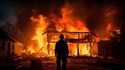 Silhouetted firefighter attempts to put out burning house