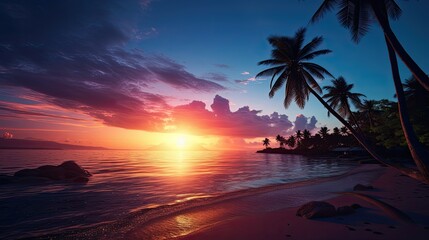 Obraz na płótnie Canvas Tropical paradise at dusk with palm trees and ocean