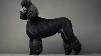 Fototapeta premium Black poodle standing in studio on gray background