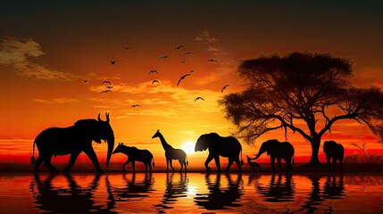 Silhouetted African wild animals at sunset