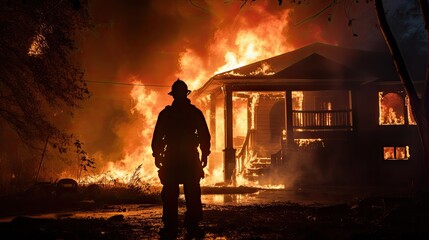 Fototapeta premium Silhouetted firefighter attempts to put out burning house