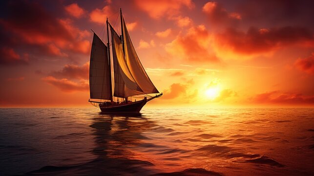 Gorgeous sailing boat beneath breathtaking ocean sunset