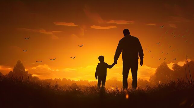 International migrants day Silhouettes of a father and son holding hands on an autumn meadow at sunset - Powered by Adobe