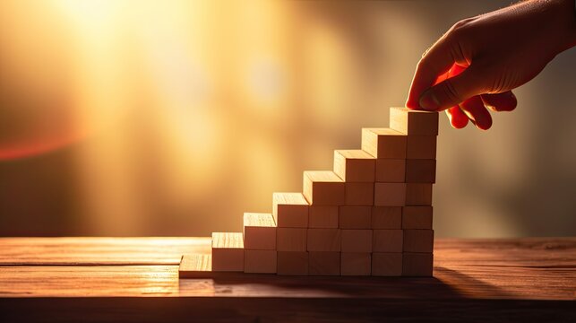 Hand Silhouette Climbing Wooden Block Stairs With Sunlight Symbolizing Success And Achieving Goals