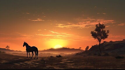 Fototapeta na wymiar Sunrise with horse in the landscape