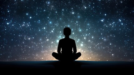 Fototapeta na wymiar Human silhouette sitting amid starry background engrossed in yoga meditation for relaxation and psychological well being