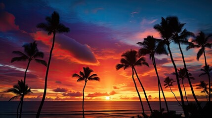 Colorful dramatic sunset sky over Waikiki with palm tree silhouettes ocean foreground