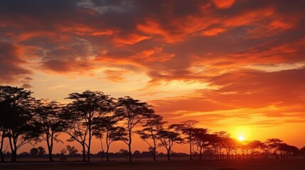 Fototapeta na wymiar Rural Thailand s evening backdrop features a stunning sunset sky tree silhouette