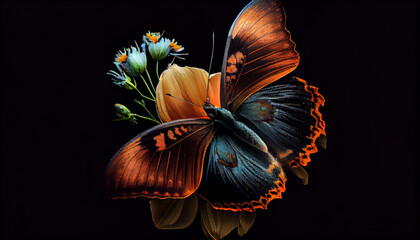 Beautiful butterfly on a flower on a black background ,  butterfly on a flower, Ai generated image