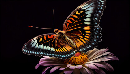 Fototapeta na wymiar Beautiful butterfly on a flower on a black background , butterfly on a flower, Ai generated image