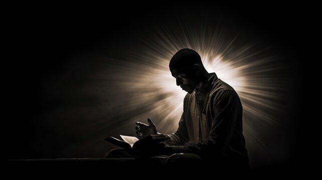 A man holds a Bible prays in black and white with a light flare