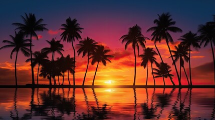 Silhouette of palm trees at tropical sunrise or sunset - obrazy, fototapety, plakaty