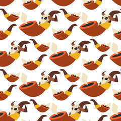 A Western-style pattern with the image of a smoking pipe and a decorative element skull in the color scheme of the desert. Repetitive background for printing at a party