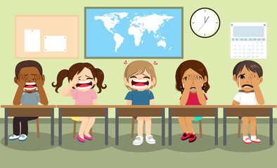 Vector illustration of little boy and girl crying on their first day of school. Classroom indoors with upset children sitting back to school