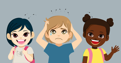 Vector illustration of children back to school healthcare concept. Boy with lines outbreak parasitic bugs on classmates female friends