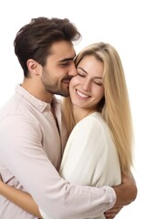studio shot of a young couple talking and hugging against a white background