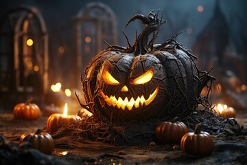 Big very spooky Halloween pumpkin, head jack lantern with evil face and burning eyes. Magical mood. Halloween Backdrop.