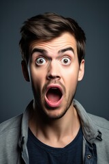 studio shot of a handsome young man looking shocked against a gray background