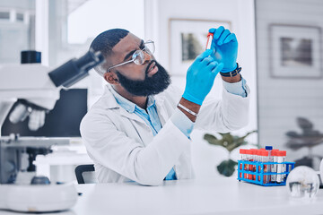 Sample analysis, lab and a scientist with blood for science, pharmaceutical healthcare or results....