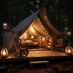 Tent interior and exterior with burning torches, lamps and wooden chairs at glamping, forest around, dusk
