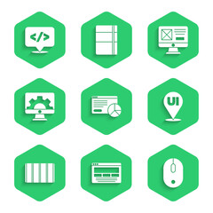 Set Website statistic, UI or UX design, Computer mouse, Color palette guide, development, and Front end icon. Vector