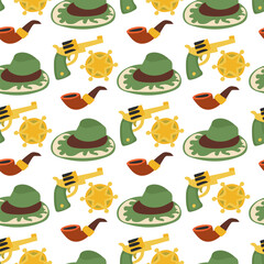 Sheriff-style pattern hat, revolver, sheriff badge, smoking pipe in cartoon style on a white background. The theme of westerns and cowboys. Printing on textiles and paper