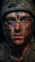 A powerful portrait of a battle-hardened soldier, reflecting the scars of experience and the unwavering courage born from the crucible of combat.