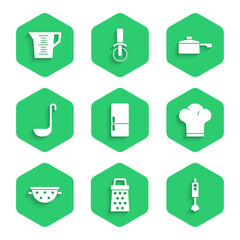 Set Refrigerator, Grater, Blender, Chef hat, Kitchen colander, ladle, Frying pan and Measuring cup icon. Vector