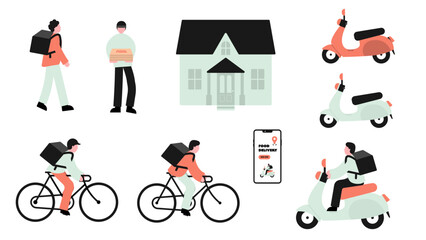 Food delivery characters illustration, food delivery driver, food delivery service.