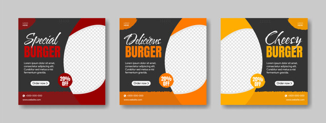 burger social media post template collection for fast food restaurants and cafe