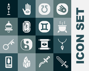 Set Medieval sword, Necklace with crystal, Witch cauldron, Life, Magic runes, Ringing alarm bell, Burning candle and Gemini zodiac icon. Vector