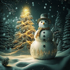 Beautiful winter night landscape with a Christmas tree and a snowman.