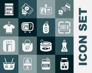 Set Jam jar, Sauce bottle, Scanner scanning bar code, Identification badge, Clock 24 hours, T-shirt, Commercial refrigerator and Price tag with dollar icon. Vector