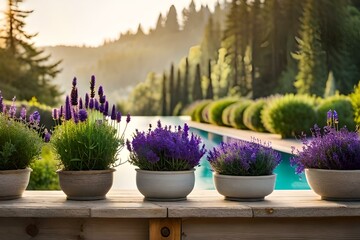 Beautiful pots with blooming purple lavender on the terrace of the house. Home plants. Floriculture. Generative AI