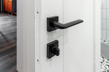 Fragment of a white interior door, with a black metal handle and latch