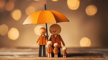 Happy family under the umbrella on raining wooden figurine model on table top background. People lifestyles and Relationships in love concept.