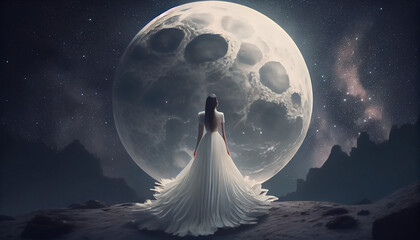 Fototapeta na wymiar The moon and Beautiful young woman in white dress stay on earth and watch starry sky moon planet surrealism, nature cosmic background fantasy Ai generated image 