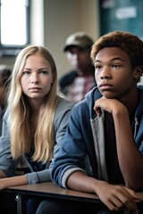 shot of two teenagers sitting in a classroom and not paying attention