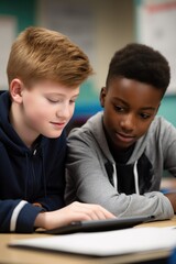 shot of two young male students using a digital tablet in class