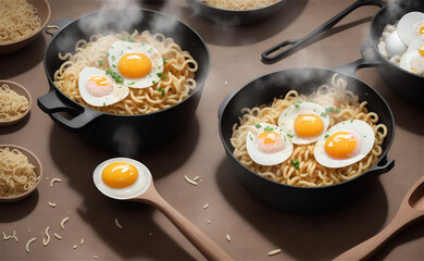 Asian style soup with udon, ramen, noodles, pork, boiled eggs, mushrooms and green onions close-up in a bowl on the table.