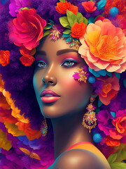 3D Colorful Illustration of Beautiful Black Woman, empowerment woman day, Floral Concept, Magical Modern Bright Shiny Colour Make-Up, Generative AI