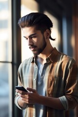 Fototapeta premium cropped shot of a young man using a cellphone while standing indoors