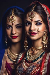 cropped portrait of two beautiful young women performing a traditional dance on stage